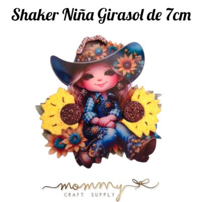 Shaker decorativo infantil de niña vaquera con girasoles